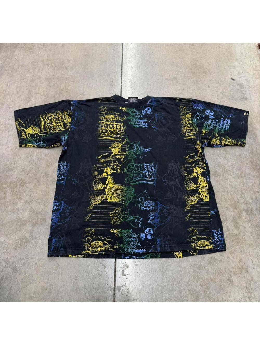 vintage southpole all over print graffiti faded black shirt size xl